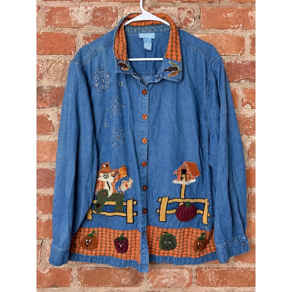 Vintage 3XL Denim Button Down Shirt Fall Scarecrow Pumpkin Embroidered Eclectic